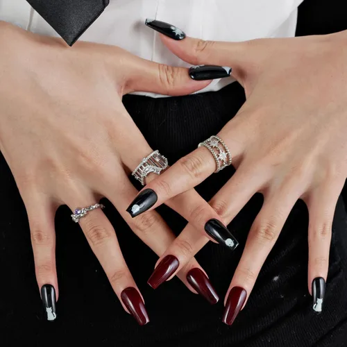 Vista 3 de Luminous GLAMERMAID Winter Press on Nails Conffin, Handmade Gel Fake Nails Long, Gothic Emo Nails with Skull Ghost Design, Cartoon False Nails for