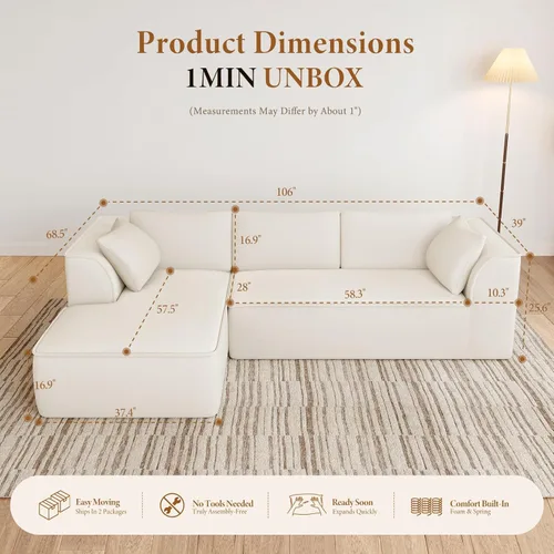 Vista 2 de Vesgantti 106" Cloud Couch Sectional Modular Sofa, Deep Seat Comfy Cloud Couch Chenille Memory Foam Sofa Modular Couches for Living Room Bedroom, No