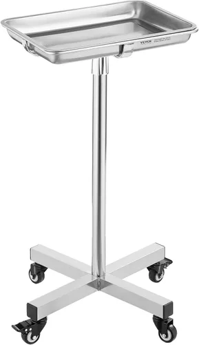 VEVOR Mayo Stand, Bandeja Mayo de Acero Inoxidable, Capacidad de Carga hasta 36 libras, Altura Ajustable 31.9"-55", Bandeja Médica con Ruedas con