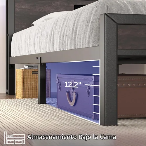 Vista 10 de E-Motie Base de cama de tamaño matrimonial con luces LED y estación de carga, cabecera de almacenamiento de madera con estantes de 2 niveles