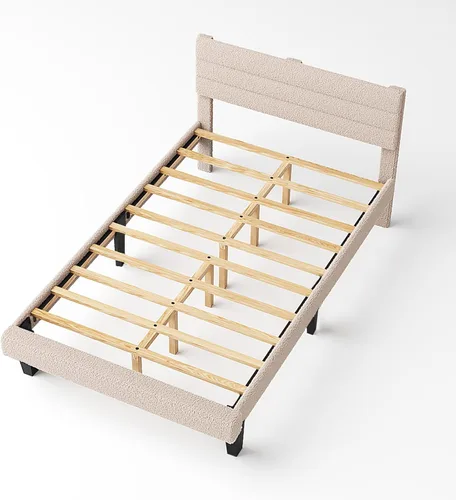 Vista 9 de VINGLI Base de cama individual para niños, cama de plataforma tapizada Boucle con cabecera ajustable, soporte de listones de madera resistente, cama