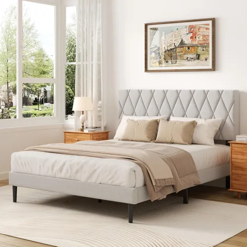 Vista 11 de CXVX Marco de cama tamaño completo con cabecera capitonada de diamante, cama plataforma tapizada en terciopelo y soporte de listones de madera, sin