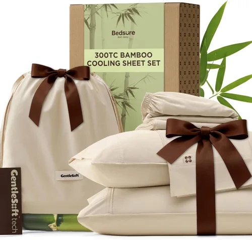 Bedsure Sábanas Refrescantes Tamaño Queen, Rayón Derivado de Bambú y Mezcla de Algodón, GentleSoft, Transpirables, Juego de Sábanas Queen, Bolsillo