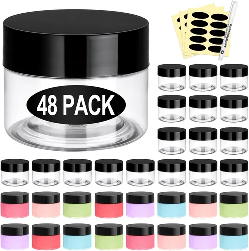 Eupako Paquete de 48 frascos de plástico con tapas de 2 OZ – Recipientes vacíos transparentes para cosméticos con bolígrafo y etiquetas, frascos