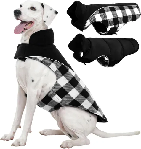 Vista 22 de Kuoser - Abrigo reversible para perros para climas fríos, abrigo de invierno impermeable reflejante para mascotas, abrigo para perros a cuadros