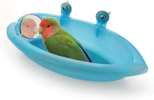 Vista 8 de Litewoo Bañera para pájaros con espejo, juguete para ducha, herramienta de limpieza de bañera, de plástico, duradero, adorable, sin olor, para loro