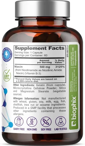 Vista 7 de biophix B-3 Nicotinamida 500 mg 60 cápsulas - Fórmula de Vitamina Natural Flush-Free de Amida Nicotínica Niacina - Apoya la Salud de las Células