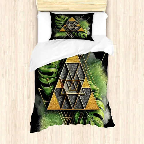 Vista 43 de Ambesonne Monstera - Juego de funda de edredón, estilo escandinavo bohemio, estampado triangular poligonal geométrico, juego de ropa de cama