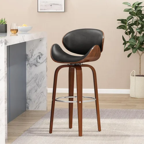 Vista 2 de 30in Mid-Century Modern Upholstered Swivel Barstool with Walnut Frame - Counter Height Bar Stools for Kitchen Island, Dining Chairs, Table & Chair