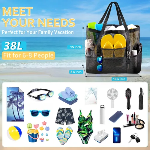 Vista 3 de SRISE Mesh Beach Bag - Large Beach Tote Bag for Family Beach Bag for Toys & Vacation Essentials