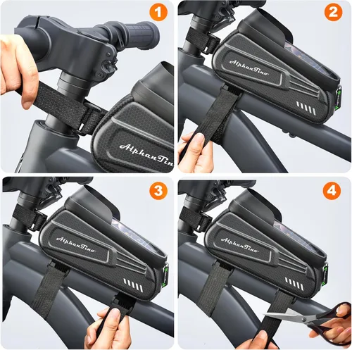 Vista 6 de Bolsa para Soporte de Teléfono para Bicicleta Alphantino - Estuche Rígido Impermeable de Gran Capacidad para Tubo Superior, Marco Frontal