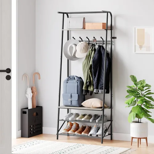 Vista 6 de IDEALHOUSE Perchero para zapatos con 5 ganchos, banco de entrada con almacenamiento, muebles decorativos de aspecto de madera con marco de metal