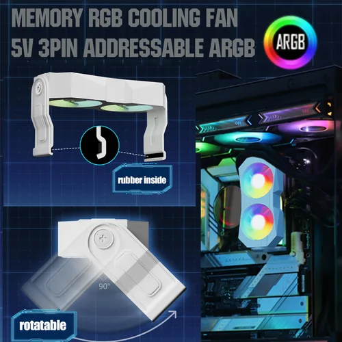 Vista 5 de Memoria RAM de computadora Radiador de plástico disipador de calor ram ventilador con doble ventilador giratorio de 2.362 in de PC 4Pin PWM y 5V