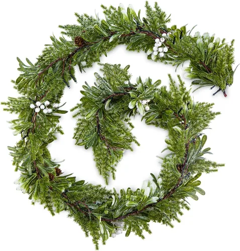 Guirnalda de Navidad de 6 pies – Guirnalda artificial de vegetación de oliva con bayas blancas, piñas y 20 luces LED con temporizador de color