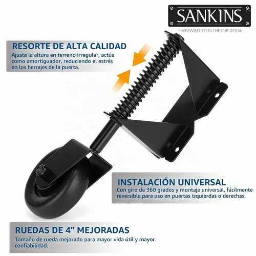 Vista 6 de Rueda resistente con resorte con placa de montaje universal de 360 grados para madera, puertas de metal, valla de PVC, 4 pulgadas, capacidad de 220