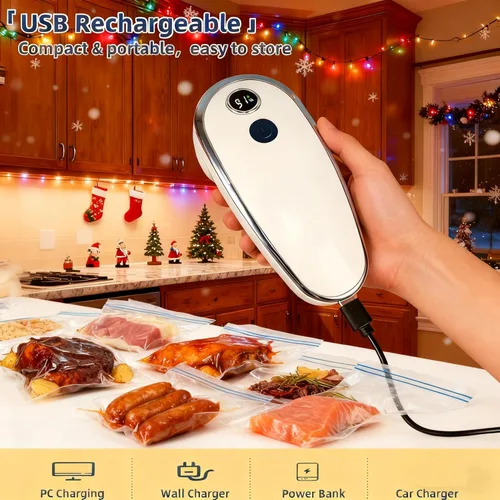 Vista 9 de Sellador al vacío, sellador al vacío de mano para alimentos, máquina selladora al vacío compacta inalámbrica con pantalla LED, sellado rápido