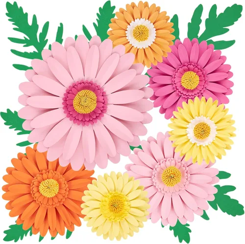 SUNBEAUTY Decoración de flores de papel grande para pared, flor de papel 3D, margarita rosa naranja con hojas verdes, flores artificiales para