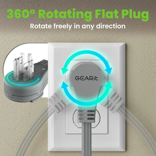 Vista 3 de GEARit Cable de extensión corto con enchufe plano giratorio de 360° y 3 tomas (2 pies, gris) 16AWG/13A Cable de 3 clavijas, Protector de toma