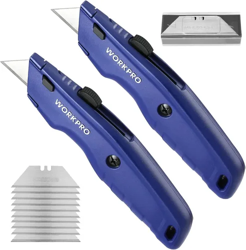 Vista 10 de WORKPRO Cuchillo utilitario premium, cortador de caja retráctil de metal resistente, cuchillo de afeitar de hoja de cambio rápido, con 10 cuchillas