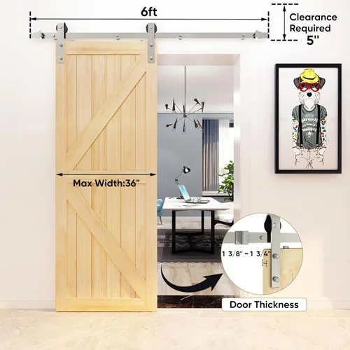 Vista 4 de JUBEST Kit de herrajes para puerta corrediza de granero de níquel cepillado de 6 pies, kit de riel plano de rodillo para colgar suave
