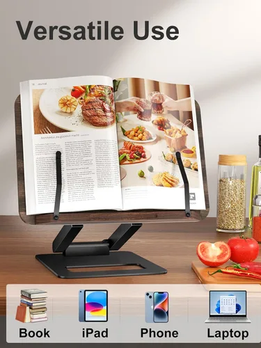 Vista 5 de Tounee Soporte telescópico para libros - Soporte para libros de cocina de altura ajustable con clips elásticos para páginas (negro)