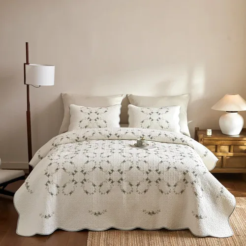 Vista 15 de MarCielo Juego de ropa de cama de 3 piezas, 100 % algodón, juego de colcha de gran tamaño, ligero y bordado, estilo rústico, T0