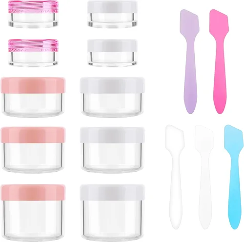 Vista 12 de Accmor 10 recipientes de viaje de maquillaje con tapas de 3/5/10/15/0.71 oz tarros de cosméticos con 5 mini espátulas para regalo (color blanco)