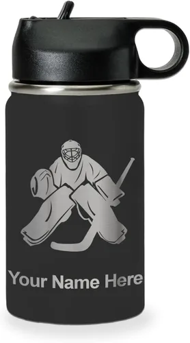 LaserGram Botella de agua personalizada, portero de hockey, acero inoxidable de doble pared aislada al vacío con popote superior, regalo grabado