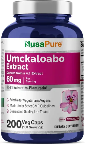NusaPure Cápsulas Umckaloabo, 60 mg, 200 cápsulas vegetales (sin OMG, veganas)