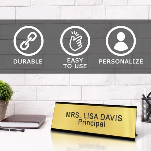 Vista 4 de Placas de identificación para escritorios, placa de nombre personalizada para escritorio o pared, grabado personalizado, 2 x 8 pulgadas