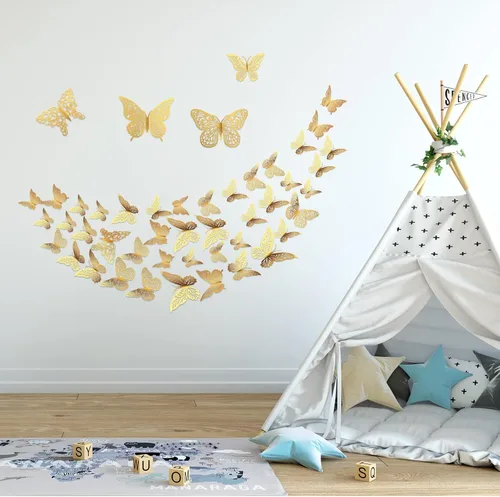 Vista 6 de Decoración de pared de mariposa dorada 3D, 3 tamaños, 4 estilos, decoraciones de fiesta de mariposas, decoraciones de pasteles, calcomanías