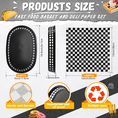 Vista 2 de Uiifan 24 cestas de comida para servir con 100 forros de delicatessen, cestas de comida rápida de 10.5 x 7 pulgadas, bandejas de servicio de Negro