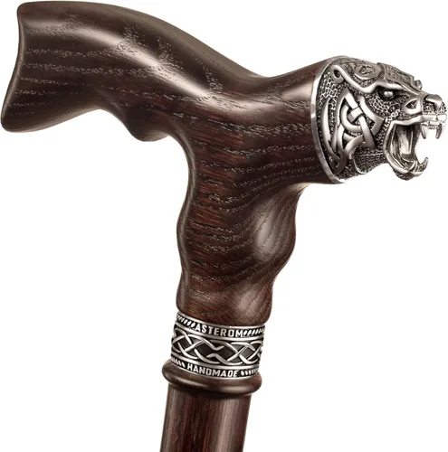 Asterom Bastón celta hecho a mano para hombre, oso - Bastón de madera fresca con estilo