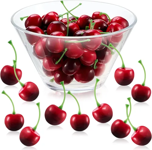 Vista 12 de Skylety 30 piezas de cerezas falsas decoraciones de frutas artificiales, modelo de fruta falsa de cereza de imitación roja para decoración