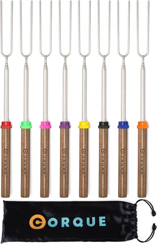 Vista 10 de CORQUE Palitos para Asar Malvaviscos, Palitos para S'mores, Extensibles, Pincho de Campamento para Fogata, Mango de Madera, Metal de 32 Pulgadas