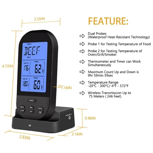 Vista 2 de Termómetro inalámbrico de 230 pies con temporizador y retroiluminación LCD, doble sonda impermeable, termómetro de cocina para alimentos