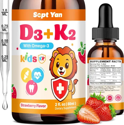 Vista 11 de Gotas de vitamina D3 K2 para niños, suplemento de vitamina K2 D3 de 1000 UI con Omega 3, ayuda a los huesos, el estado de ánimo, los dientes