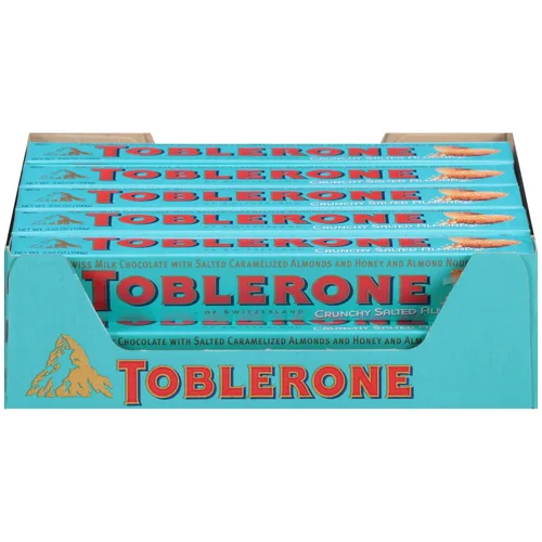 Toblerone Barra de chocolate con leche y almendras crujientes con sal marina, 3.52 onzas, 80 por caja.