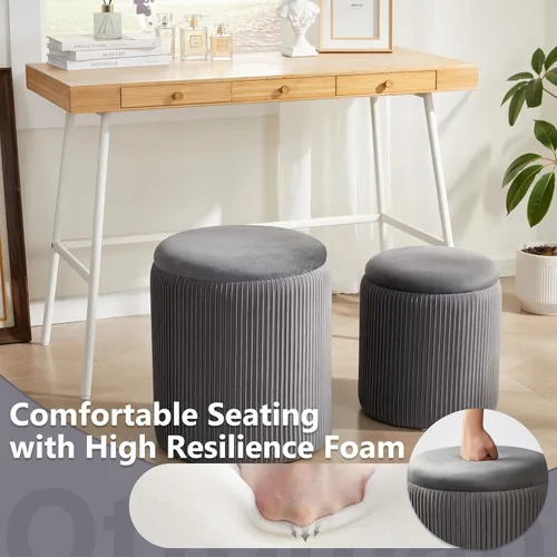 Vista 5 de Royal Windsor Juego de 2 otomanas redondas con almacenamiento, taburete de tocador con almacenamiento para dormitorio, mesa de centro otomana