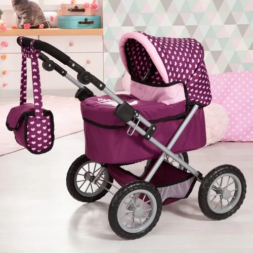 Vista 5 de Bayer Cochecito y cochecito de muñeca de moda, color rosa burdeos, muñecas de 18 pulgadas, mango ajustable, juego de simulación con accesorios