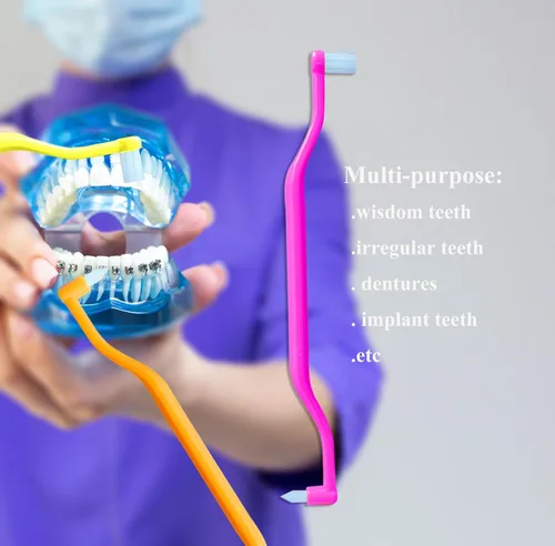 Vista 4 de FRUTA Cepillo de dientes de ortodoncia, 4 piezas, cepillo de dientes pequeño mechón dos en uno, cepillo interdental de doble cabeza, cepillo