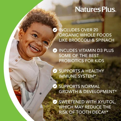 Vista 4 de Natures Plus Animal Parade Source of Life Gold Multivitamínico masticable para niños, varios sabores de cereza, naranja y uva, 60 tabletas