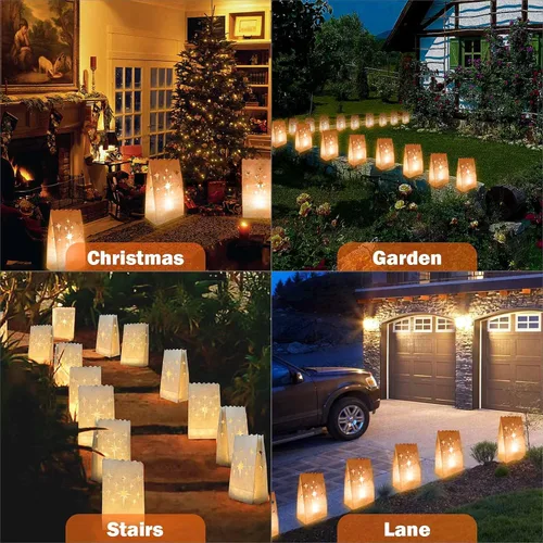 Vista 7 de Ranslen 70 bolsas luminarias blancas con recortes de fuegos artificiales, resistentes a las llamas, bolsas de velas de Halloween, bolsas de linterna