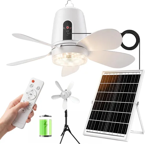 Ventilador de techo solar, ventilador de glorieta alcanzable de 18000 mAh con control remoto y trípode, ventilador de techo portátil de 21 pulgadas