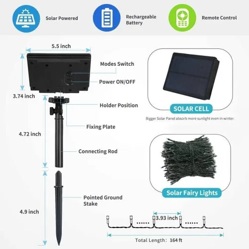 Vista 6 de Tcamp Luces solares para exteriores, 164 pies, 500 luces LED solares de Navidad para exteriores, impermeables, con control remoto, 8 modos de luces
