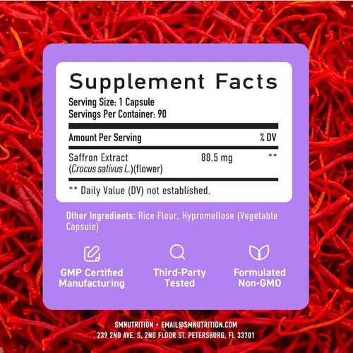 Vista 6 de Suplementos de azafrán de 88.5 mg Suministro de 3 meses Cápsulas de extracto de azafrán puro para el estado de ánimo, la concentración, la salud