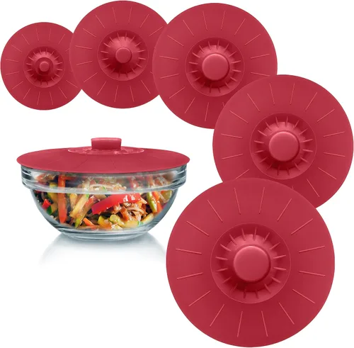 Vista 9 de Juego de 5 tapas de silicona azules con ventosa reutilizables para tazones, ollas, tazas. Apto para alimentos. Agarre natural, asas entrelazadas