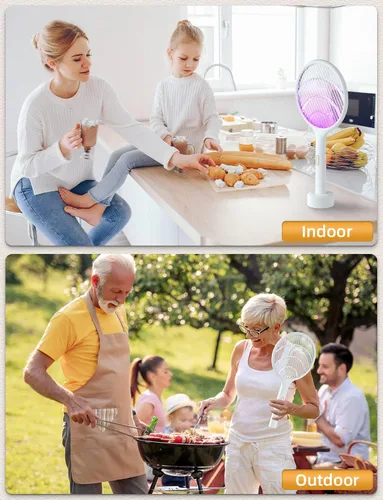 Vista 3 de YISSVIC Matamoscas eléctrico de 4000 V, raqueta matamoscas de insectos de doble modo con luz de mosquitos morada recargable para interiores, hogar