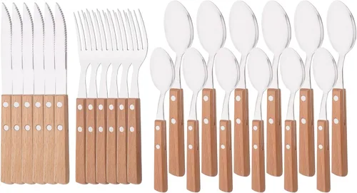 Juego de cubiertos de 24 piezas con mango de madera, juego de cubiertos de acero inoxidable 304 para el hogar, cocina, restaurante, juego de vajilla