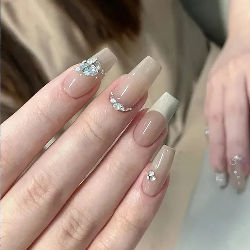 Vista 4 de Uñas postizas a presión de punta francesa blanca leche, uñas postizas cuadradas medianas con dije de purpurina 3D, uñas acrílicas artificiales